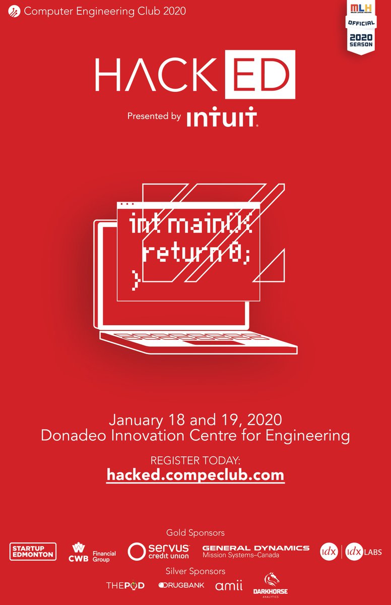 CompEClub's tweet image. This Saturday, join us in Alberta's largest student-run hackathon to build your next awesome project!

Attend workshops, connect with companies, and make new friends at HackED 2020!

Sign up at hacked.compeclub.com.
#HackED2020 #MLH