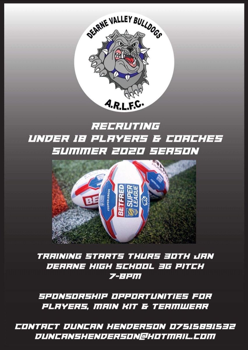 Looking for new &amp; returning players plus coaching opportunities 🏉<a href="/DearneVBulldogs/">DearneValleyBulldogs</a> <a href="/WTrinityRL/">Wakefield Trinity</a> <a href="/Doncaster_RLFC/">Doncaster RLFC</a> <a href="/YorkshireJunior/">Yorkshire Junior and Youth League</a> <a href="/SheffieldEagles/">Sheffield Eagles</a> #SouthYorkshire