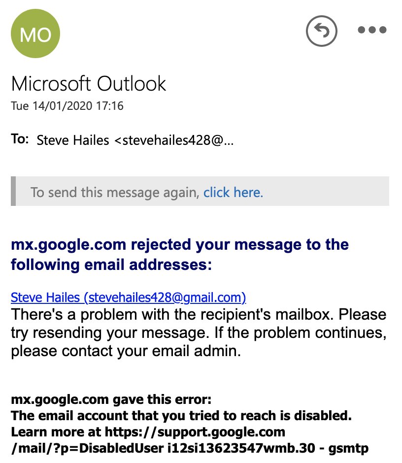 mx.google.com rejected your message to the following email addresses:
Steve Hailes (stevehailes428@gmail.com)
There's a problem with the recipient's mailbox. Please try resending your message. If the problem continues, please contact your email admin.

mx.google.com gave this error:
The email account that you tried to reach is disabled. Learn more at https://support.google.com/mail/?p=DisabledUser i12si13623547wmb.30