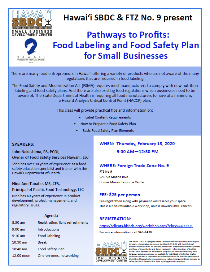 OahuSBDC's tweet photo. Sign up for our quarterly P2P training.  This quarter we will be bringing in speakers to talk about Food Safety and Labeling. 

https://t.co/tPAFFHAWkV

#SmallBiz #food #safety #hawaii #sba #sbdc #OahuSBDC https://t.co/nO6286FZk3