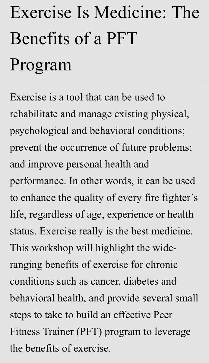1 week away from our presentation at #ALTSHR20 discussing the benefits of having #IAFF Peer Fitness Trainers in your Fire Department. Exercise can and should be used enhance the quality of life of every #firefighter, regardless of age, experience or health status. #IAFFWFI