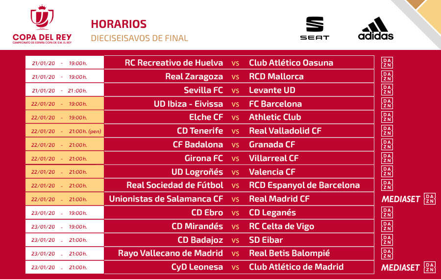AthleticClub's tweet photo. HORARIOS I ¡Ya tenemos fecha para los 1/16 de final de la #CopaDelRey! ⚽️

🏟️ Martínez Valero
🗓 Miércoles, 22 de enero
⏰ 19:00 h
🆚 @elchecfoficial
📺 @DAZN_ES

 #ElcheAthletic #AthleticClub 🔴⚪️🦁 https://t.co/0I6ZJlZOb5
