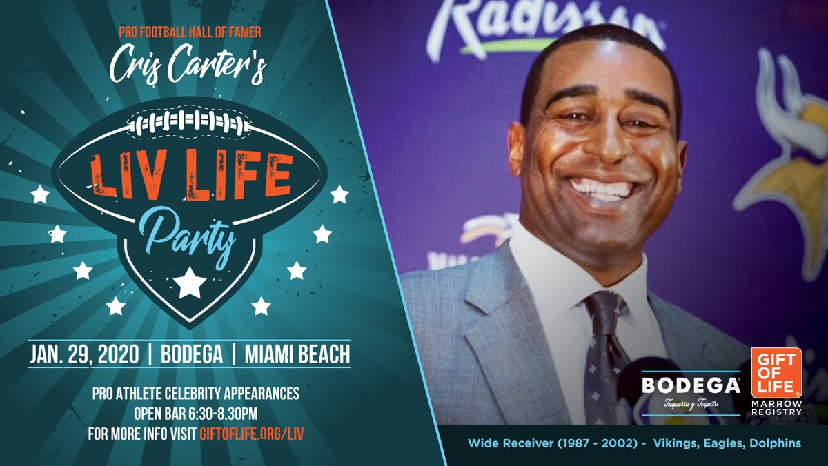 GiftofLife's tweet photo. Hall of Famer @criscarter80 invites you to the LIV Life Party 🏈🧡 

Purchase tickets > https://t.co/cE2E0Y6Bhu

@bodegasobe 

#southbeach #swab2save #miami #superbowlparty #southbeach #bodegasobe #miamibeach #bocaraton #giftoflife #curecancer #nfl #miamidade #nonprofit https://t.co/audWm3I9qf