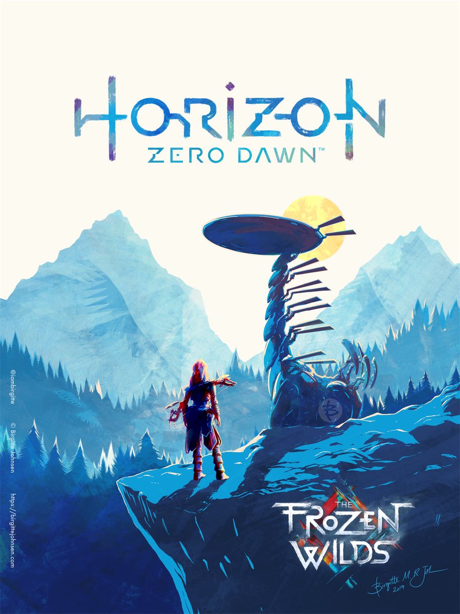 Horizon Zero Dawn, The Frozen Wilds fan art poster; Aloy watches the sun set as a Tallneck walks past, painted in blue, red and yellow tones.