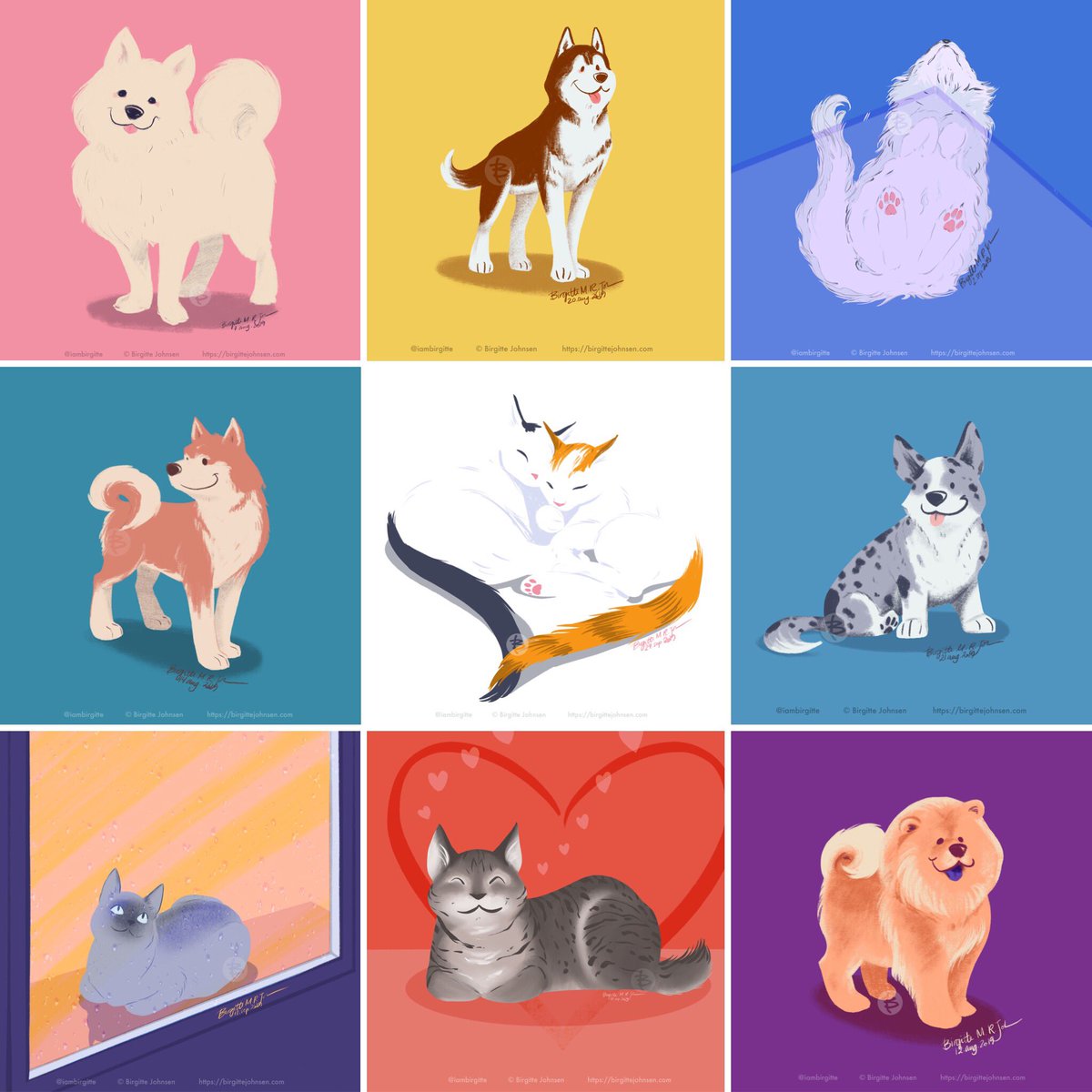 A collection of nine different animal drawings, both cats and dogs.