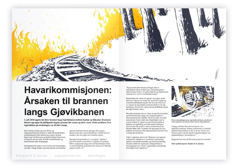 Editorial illustration of an article explaining the reasons behind a forest fire in Norway summer 2018. The illustrations depict the fire on either side of the track, but also the cause; sparks from a freight car which had its break engaged by accident.