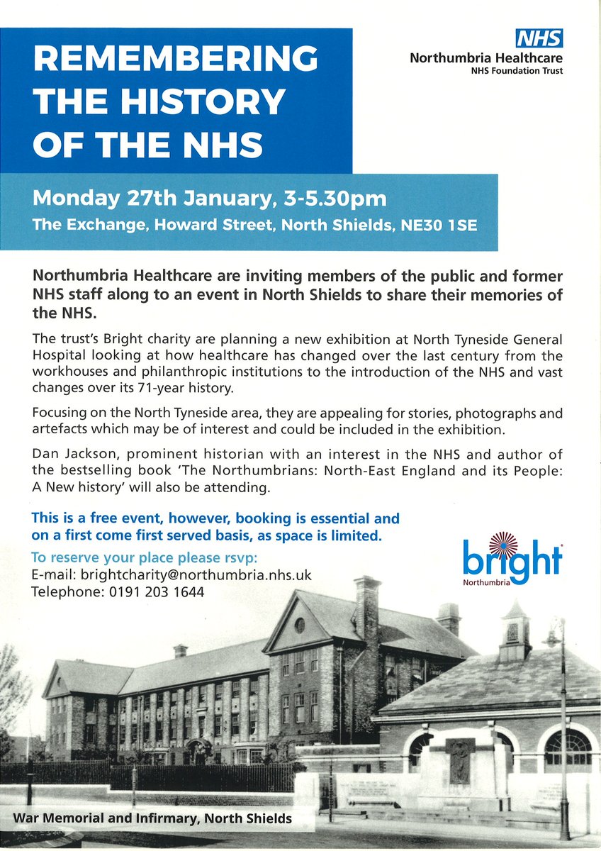 Remembering the history of the NHS🏥 on 27 January, 3-5:30pm at The Exchange, Howard St, North Shields. Whether you've been staff or a patient, come and share memories

The event is free but booking is essential, e-mail brightcharity@northumbria.nhs.uk or call 0191 203 1644