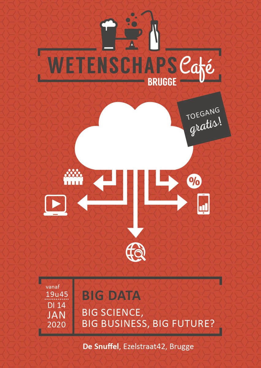 Wetenschapscafe's tweet photo. Iedereen welkom straks op het #wetenschapscafé over
#BigData in De Snuffel @StadBrugge🤗https://t.co/FIU94GsU49 https://t.co/NnlrjRnN8X