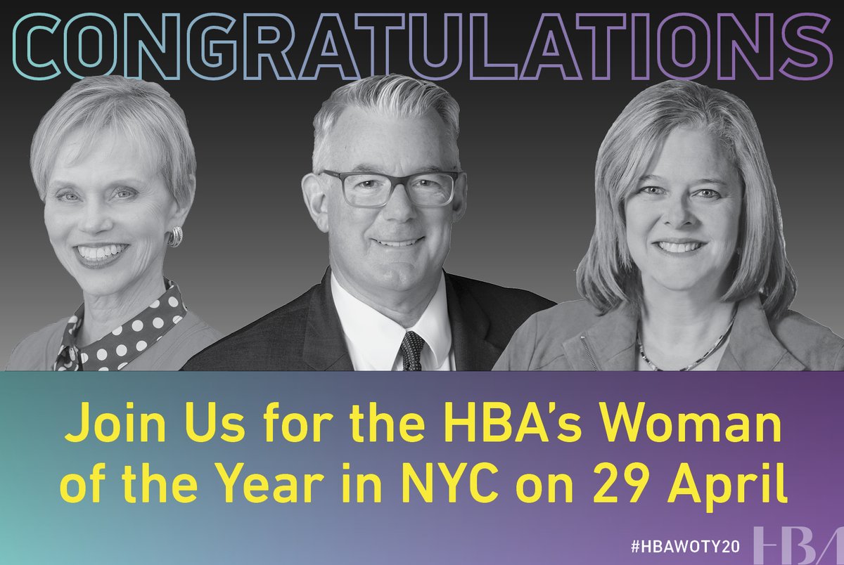 Congratulations to the 2020 Honorees: 
Woman of the Year: Sandra Horning, <a href="/genentech/">Genentech</a> <a href="/Roche/">Roche</a> 
Honorable Mentor: @TimeIsLifeRod <a href="/pfizer/">Pfizer Inc.</a>
STAR: <a href="/TorroellaE/">Susan E Torroella</a> @healtharmada
Can't wait to honor them at #HBAWOTY20 on 29 April! Registration opens 5 Feb! #HBAimpact
hbanet.org/news/2020/01/1…