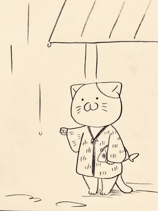 小雨の中を走るか止むまで待つか悩んでるネコ 