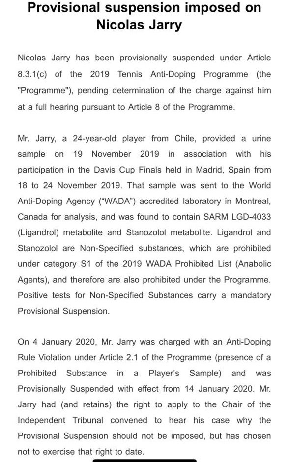 ULTIMA HORA. ⚠️

<a href="/NicoJarry/">Nicolas Jarry Fillol</a> es suspendido provisionalmente por la ITF tras dar positivo en un control antidoping en noviembre.

Más información en instantes...