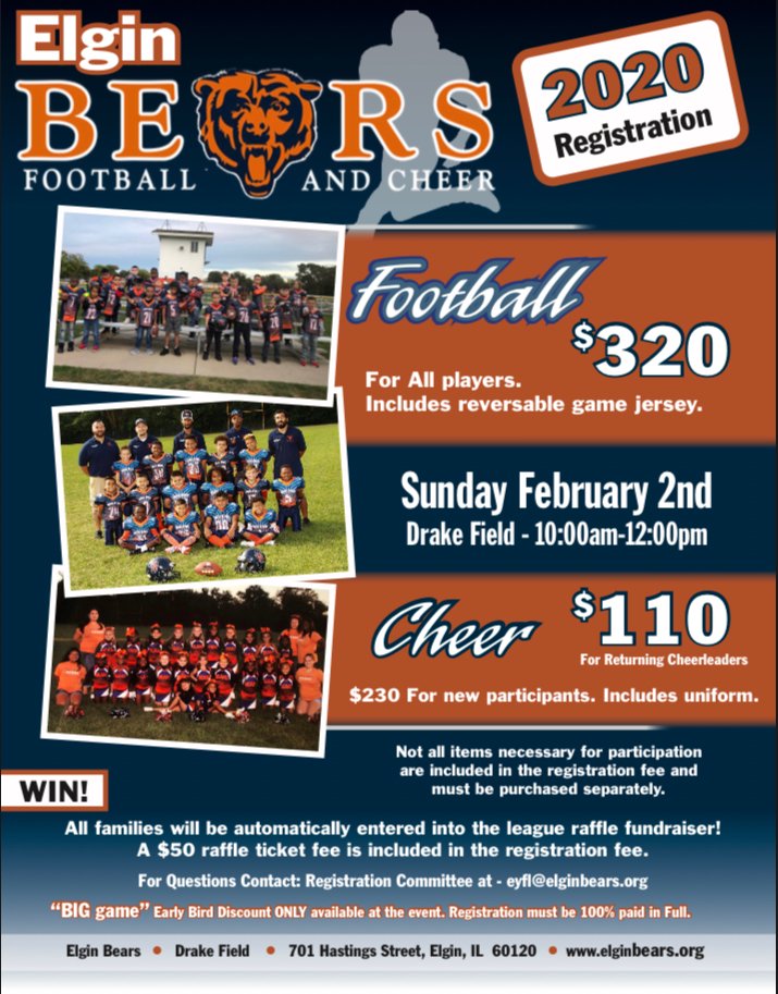 Elgin Bears First Registration of the 2020 season is right around the corner! All football players will be wearing new jerseys this season!
Register on February 2nd to reserve your number!!
Any questions message our inbox!!
