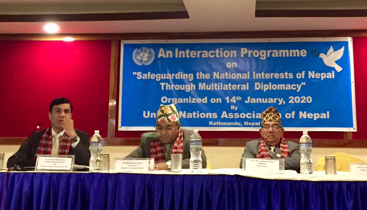 drbishnuhnepal's tweet photo. TODAY was floor discussant on #GyanChandraAcharya, Former Fo-Sec+ #UNUnderSecretaryGeneral’s paper entitled-Safeguarding National Interests of Nepal thru’ Multilateral Diplomacy..I focused on #FoPo2068-#SARRRSmodel-#HimCanal-#MCC-#BRI++@#UNAN workshop..
@#Himalayas@#UNSG@#UNWTO https://t.co/MeYvFsFnpH