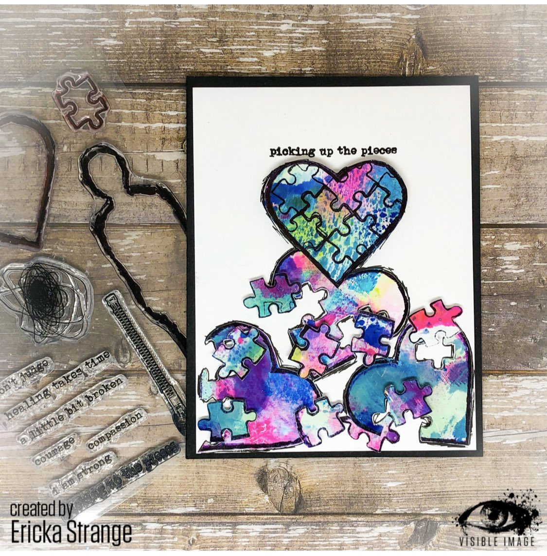 visible_image's tweet photo. This striking card by Ericka features the heart &amp; puzzle piece stamps from our ‘Don’t Judge’ set with the perfect sentiment for anyone going through a hard time 💜 #cascard #whitespace #distressoxides #visibleimagestamps #inky #pickingupthepieces #handmadecard #rubberstamping https://t.co/2z9M6GMZLq