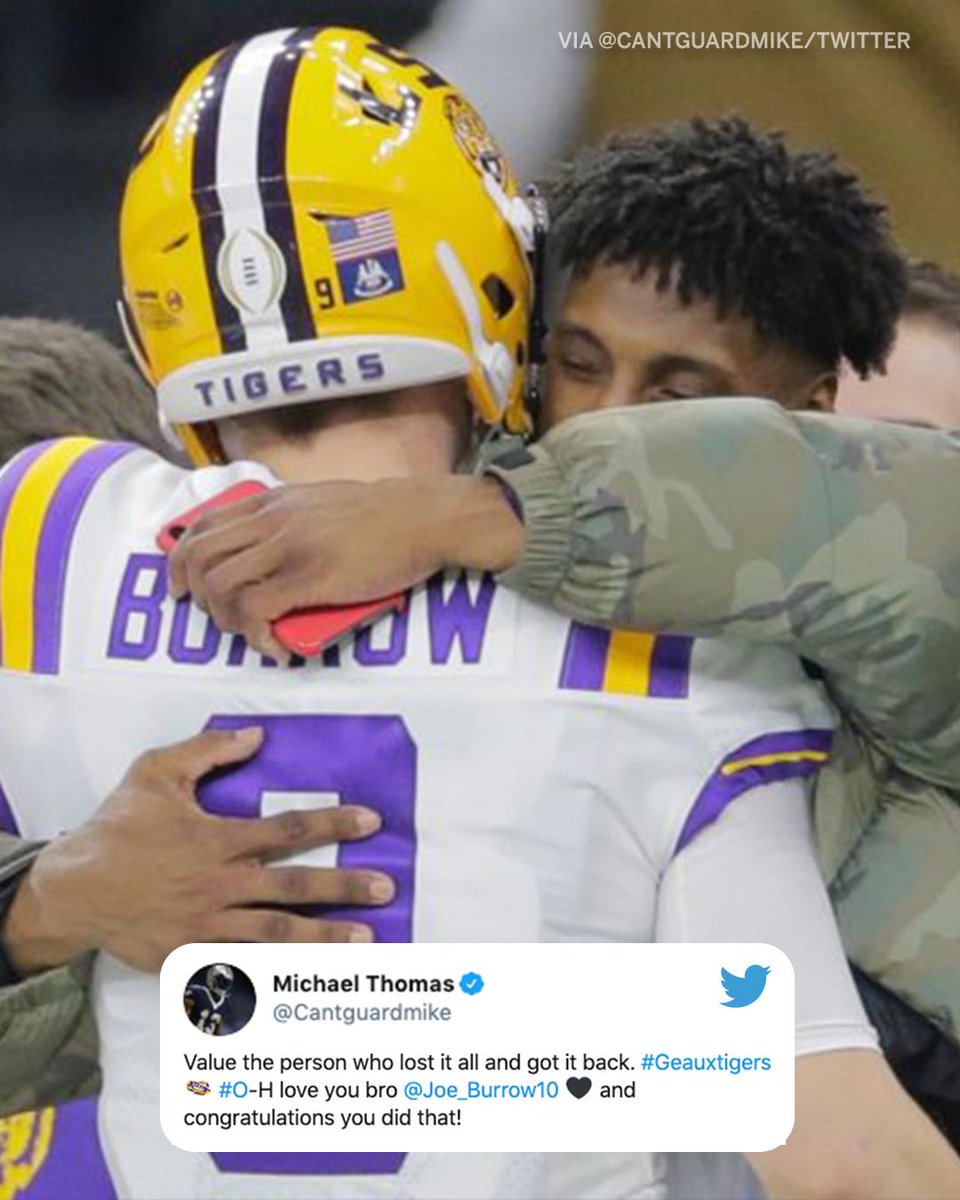 espn's tweet photo. All love between @Joe_Burrow10 and @Cantguardmike 🖤 https://t.co/jINqjVhgIR