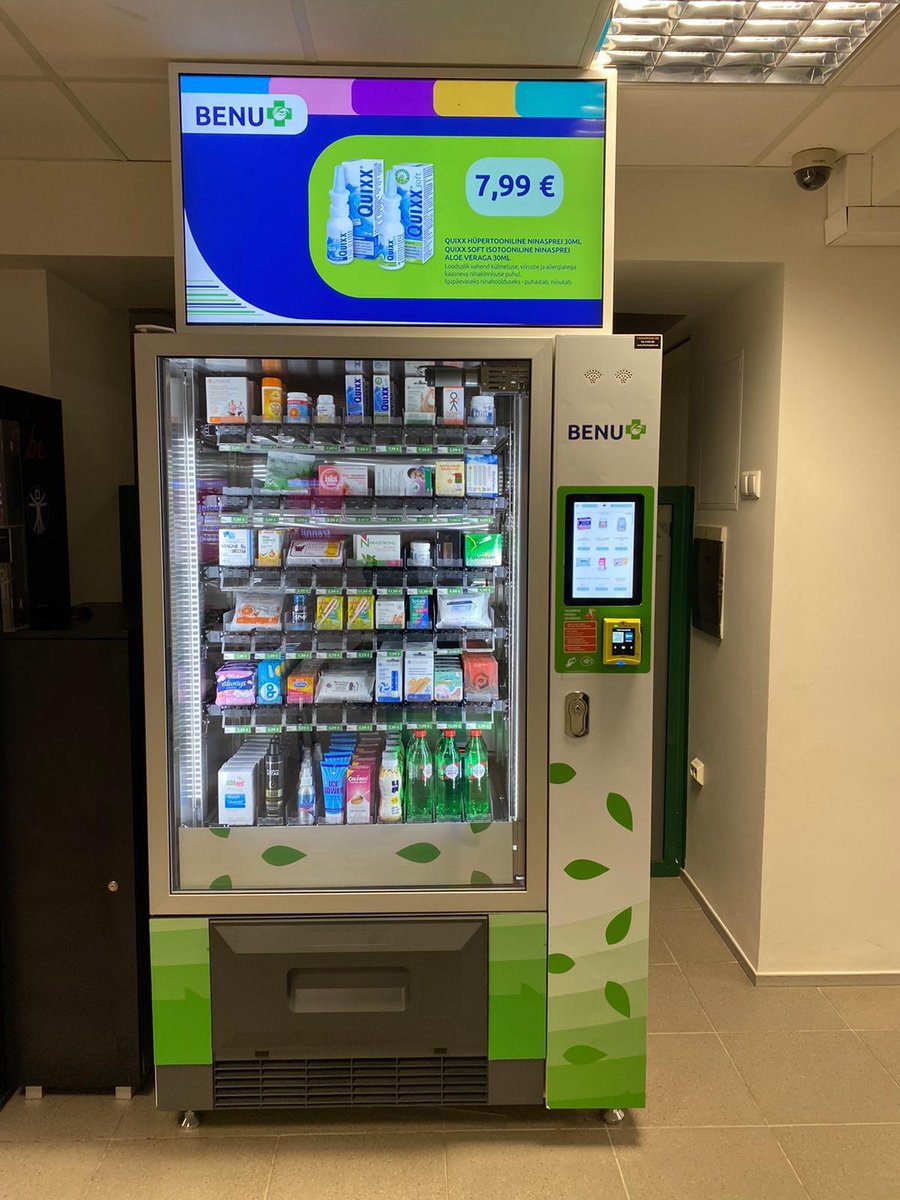 PHOENIXPharma's tweet photo. The first #BENU branded vending machine was placed at a bus station in #Tallinn. 
Vending machines bring #pharmacy goods closer to the customer and they are open 24/7. 
To serve patients’ needs everywhere at any time nine additional #BENU vending machines will follow. https://t.co/1KnzHlSFpR