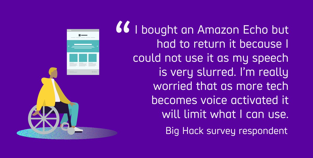 The quoted text reads "I bought an Amazon Echo but had to return it because I could not use it as my speech is very slurred. I'm really worried that as more tech becomes voice-activated, it will limit what I can use." featuring a quote from a Big Hack survey respondent.