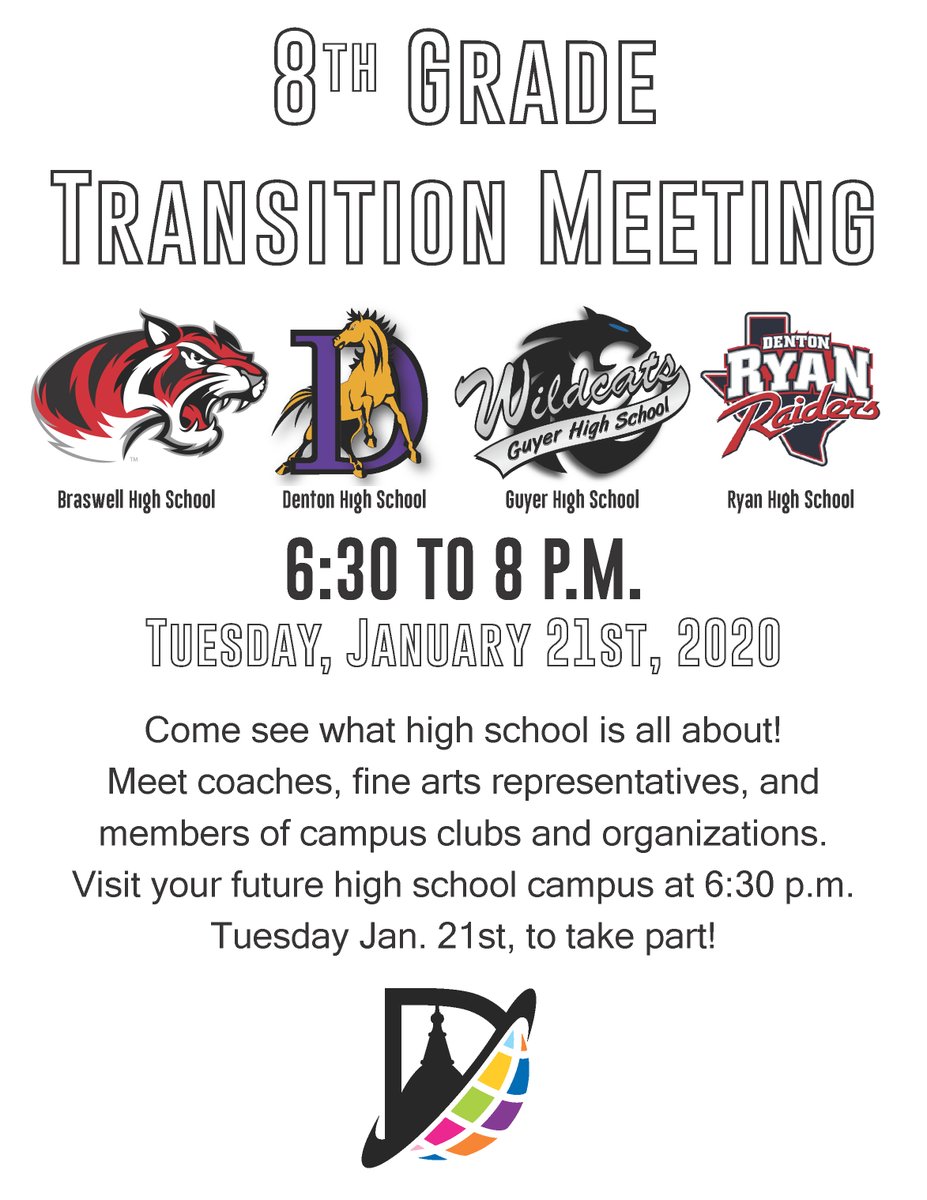 Mark your calendars.  The 8th Grade Transition Meeting is in 7 days. You can visit your future high school campus at 6:30 p.m. Tuesday Jan. 21st.  Your future coaches, fine arts reps, and members of campus clubs and organizations will be there.  You should be there too!