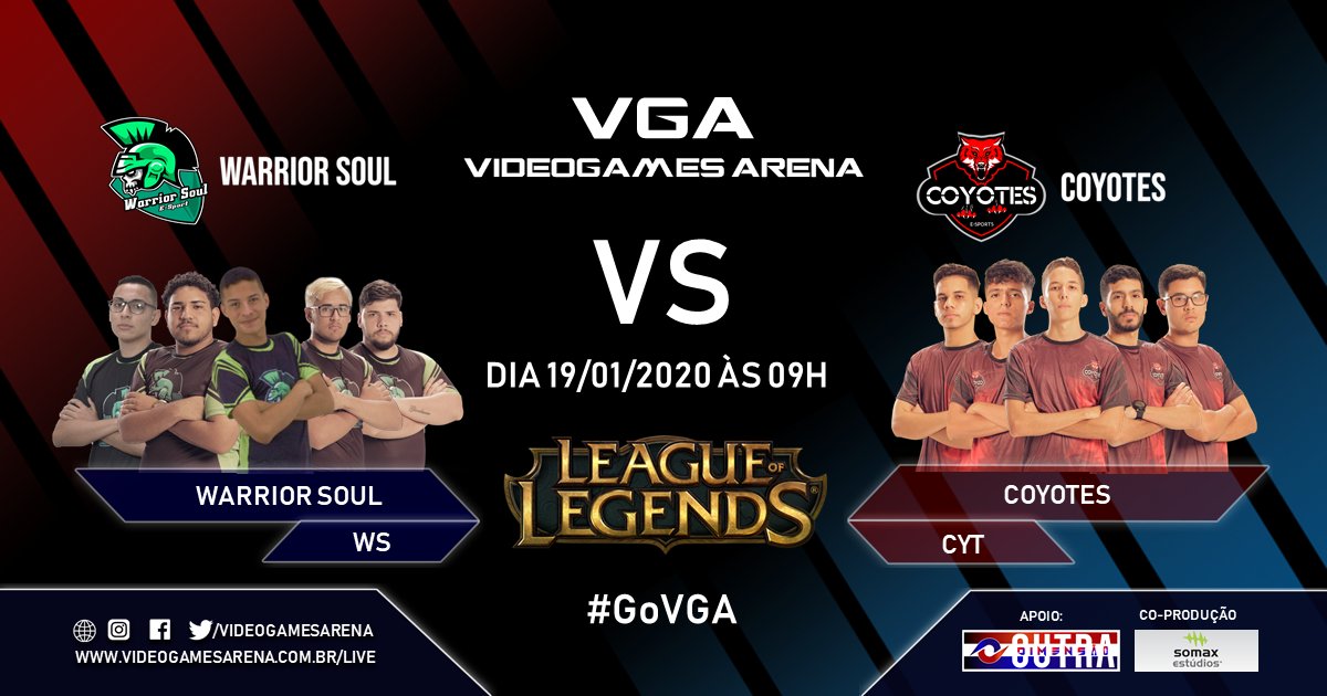VideoGamesArena's tweet photo. VGA - No domingo Warrior Soul Vs Coyotes vão fechar com a última chave que leva uma equipe para a final da VGA! Esta semifinal vem com tudo!

Já é neste domingão dia 19 de Janeiro às 09h em:
https://t.co/oi7B9Y0W2H

#GoVGA #TorcidaVGA #GoWarriorSoul #GoCoyotes https://t.co/uolO0AiPAN