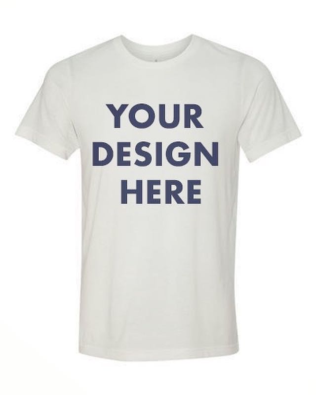 A plain white T-shirt with the words "your design here" in navy across the chest