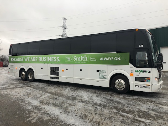 Go_McCoy's tweet photo. Check it out! We had buses 236 & 242 wrapped for the @SmithBusiness @SmithQueensMBA AMBA shuttle that we have been operating for their opening sessions this month! Thanks for the bus wraps, Watson Bain Signs & Designs! 😎 #GoMcCoy #QueensU https://t.co/xci3v0UR92