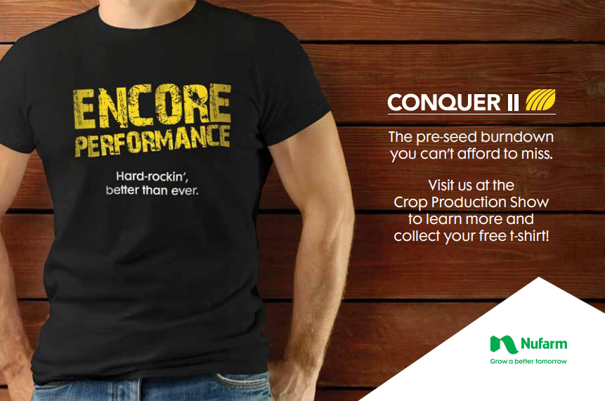 NufarmCA's tweet photo. CONQUER II is the new pre-seed burndown you can't afford to miss. Visit us at booth A27-30 to learn more and collect your free t-shirt! #WCCPS2020 #CONQUERII https://t.co/4dAqjwDdEI