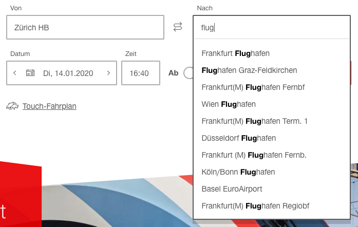 Lieber <a href="/RailService/">RailService SBB CFF FFS</a> , wie wahrscheinlich ist es, dass man von Zürich HB eine Verbindung zum Flughafen Frankfurt, Graz, Wien, Düsseldort oder Köln sucht? Zu 99.99% wohl eher zum Flughafen Zürich.  #typeahead #autosuggest #ux #probability #empathy