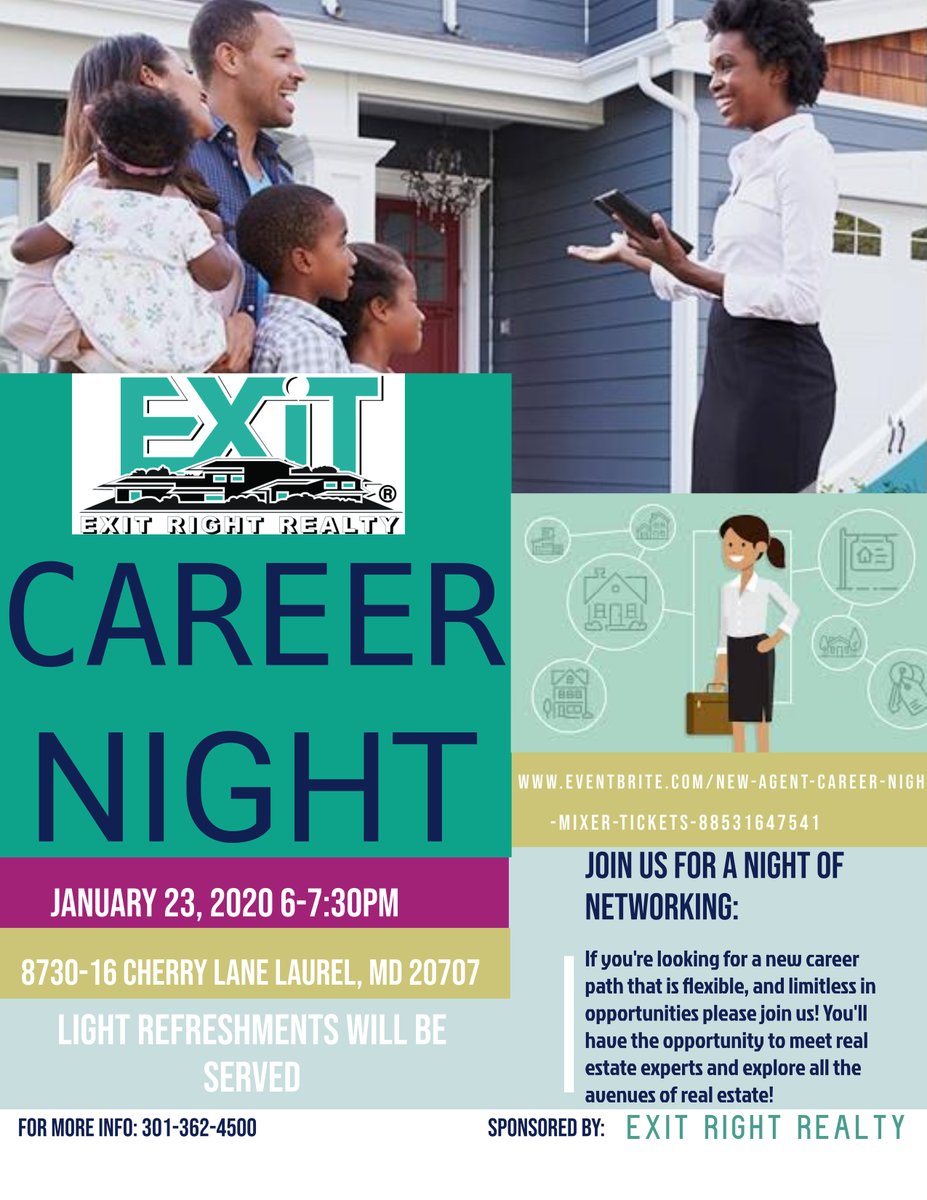 exitrightrealty's tweet photo. Are you looking for a new career path? Do you want to make your own schedule and have an interest in real estate?  Start the new year right by joining us at our Career Night Thursday, January 23 from 6-7:30pm! We hope to see you there 🏡 #DMV #RealEstate #Networking https://t.co/POr07eWci6