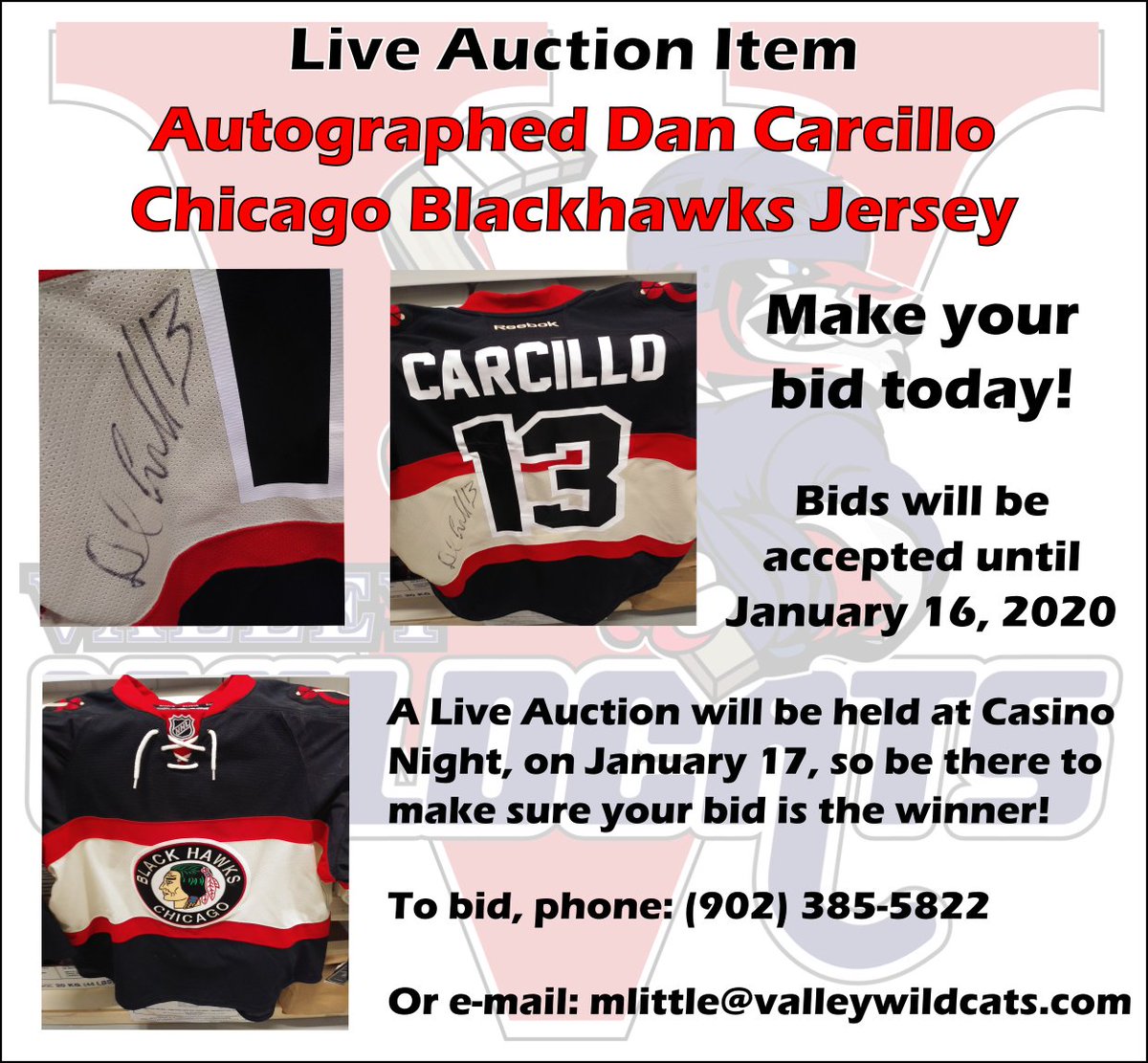 Get excited for Casino Night, this Friday in Berwick!
Get your tickets and be there to bid on Amazing NHL autographed items during the live auction! (plus non-hockey related prizes too)
For tickets, or to make an early bid, call 902-385-5822 or e-mail mlittle@valleywildcats.com