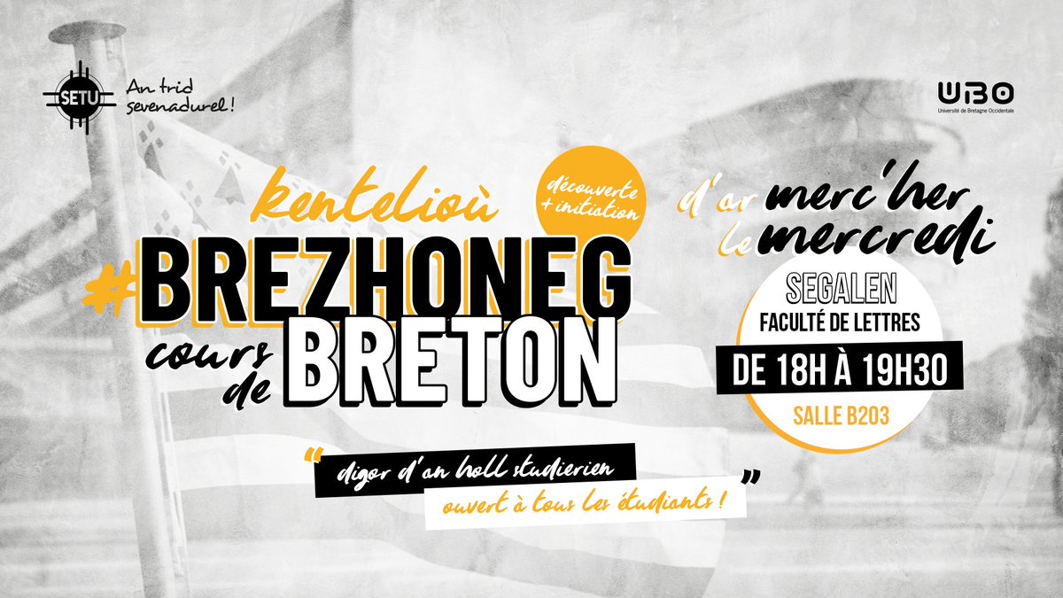 SETU_UBO's tweet photo. Reprise des ateliers d'initiation au #breton proposés par #SETU à l'UBO ! 📣 Rendez-vous dès mercredi 15/01 de 18h et 19h30 à la Faculté de Lettres (Segalen) de #Brest (bâtiment B / salle B203) #UBO #Brezhoneg #KentelioùBrezhoneg #GwennHaDu #emojibzh  https://t.co/KwT090aNdO https://t.co/atfCyuISwO