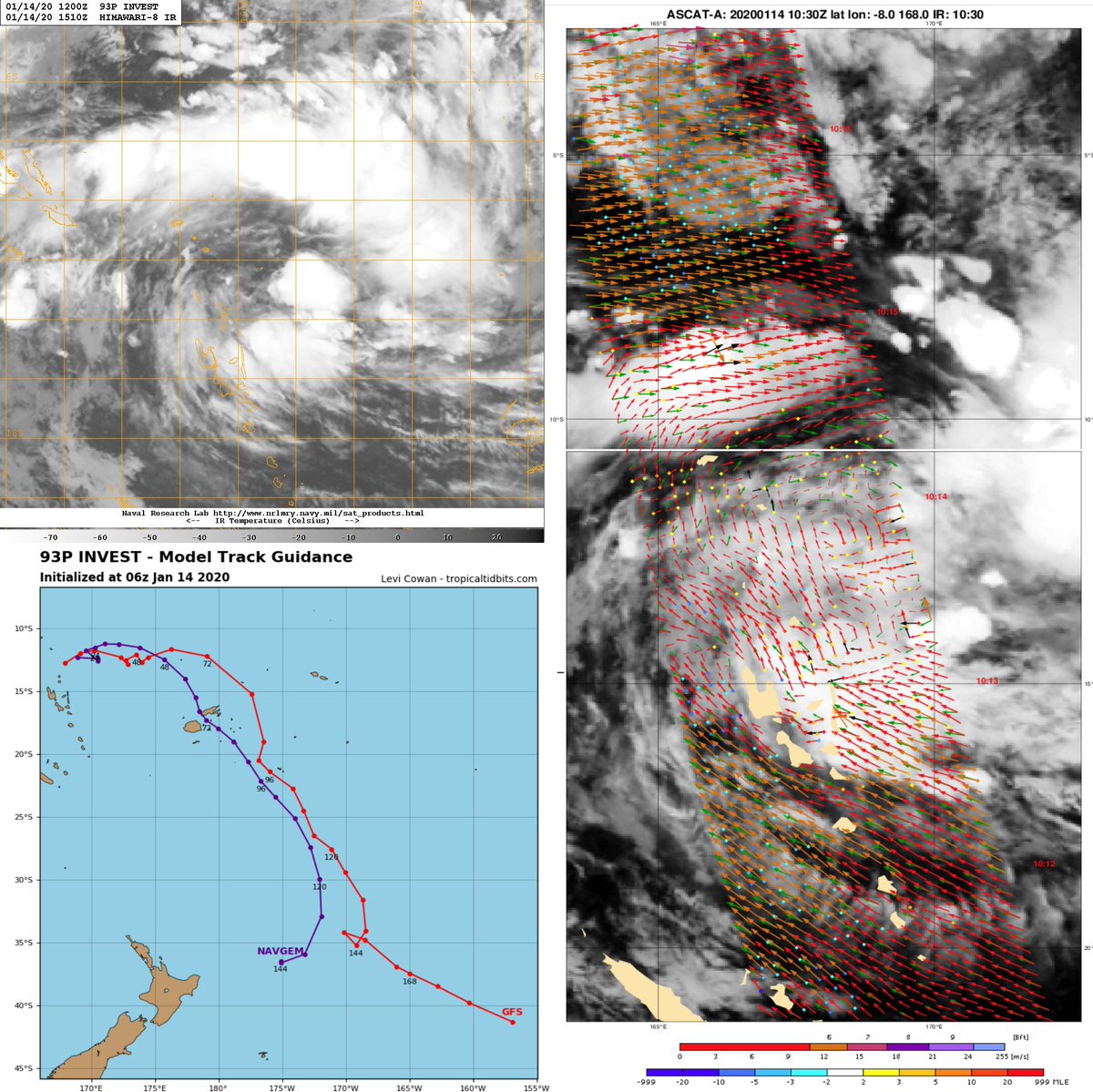 T2mike's tweet photo. #Tropical #Pacific_Southwest #93P #Fiji #TD04F Analysis 14/1230UTC. Images 14/1500UTC and 14/1000UTC with ASCAT winds. 14/0600UTC GFS and NAVGEM tracks https://t.co/tIgcfd75sT