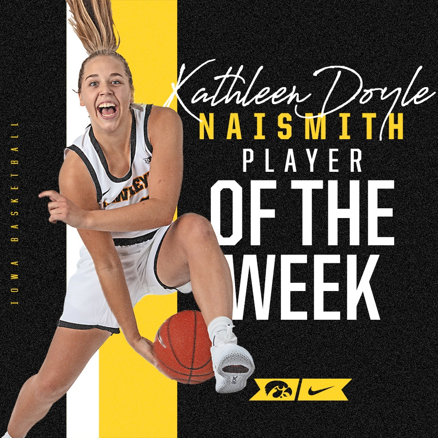 IowaWBB's tweet photo. 👀 You love to see it...

After averaging 26 points, 6 rebounds, and 6 assists in wins over No. 16 Maryland and No. 12 Indiana, @KDoyle_11 is the @NaismithTrophy Player of the Week! 

https://t.co/fyjffSf0Os | #Hawkeyes #FightForIowa https://t.co/a8WBrDBuJL