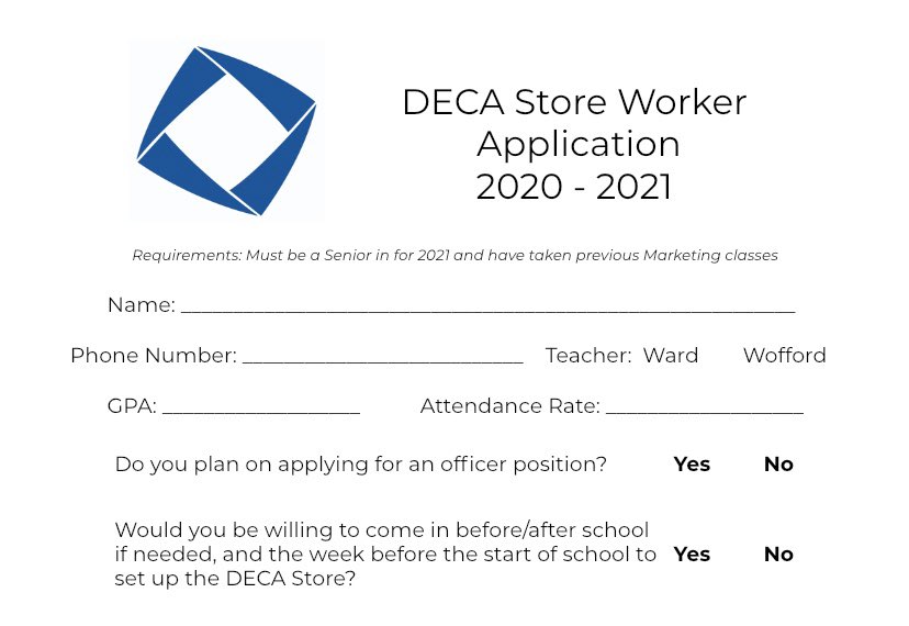 ATTENTION TO ANY JUNIORS IN A MARKETING CLASS!!🚨🚨 If you are interested in working in the DECA Store  next year, come pick up an application and turn it in to Ward or Wofford by January 23rd!