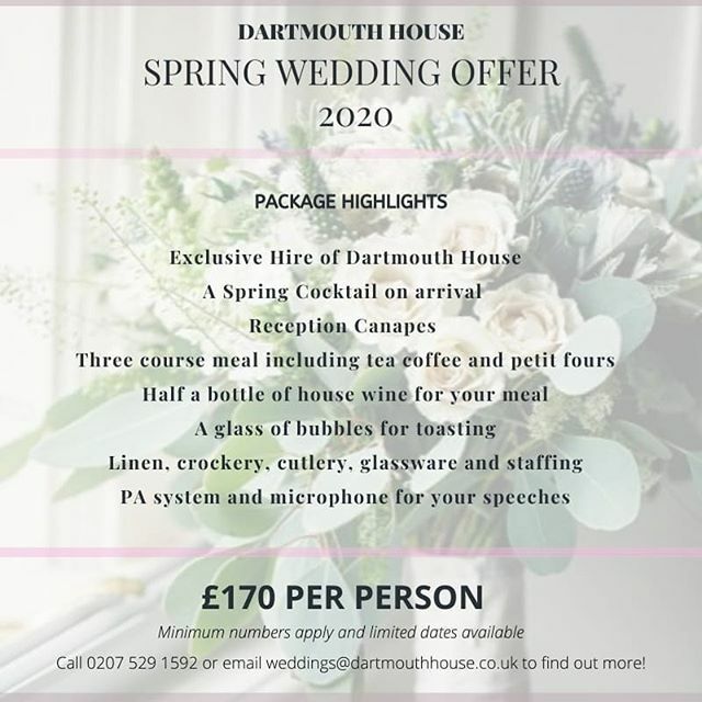 An exciting day today as we launch our Spring 2020 wedding offer! Book your wedding to take place before June 2020 and take advantage of our exclusive spring package! Call 0207 529 1592 or email weddings@dartmouthhouse.co.uk to find out more!
.
.
.
.
.
.… ift.tt/2FLlaNP