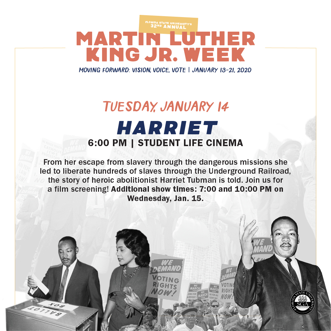 FSUMLKWeek's tweet image. Come out tonight to see Harriet at @SLC_FSU! We&apos;ll be saving a seat for you. 🍿🎥 #MLKWeek2020