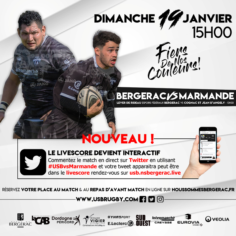 RugbyUsb's tweet photo. ⚫️⚪️⚫️ Dimanche en utilisant #USBvsMarmande dans vos #Tweets  vous pourrez SUIVRE, COMMENTER et ENCOURAGER l'#USBrugby en direct sur le #Livescore ⬇️

 https://t.co/VS24nbmQzb

et même revoir les essais en vidéo @Rematch_Sport 

...Près de 3000 connections face à @OfficielRcba https://t.co/oKf4CnAURA