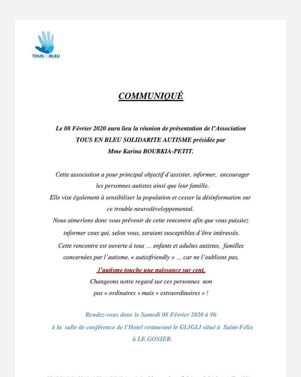 Rendez-vous le 8 février en Guadeloupe pour la présentation de notre association oeuvrant pour les personnes autistes et leur famille. N'hésitez pas à retweeter svp. Merci. #autisme #tousenbleu #guadeloupe #Tousunis #tousconcernés