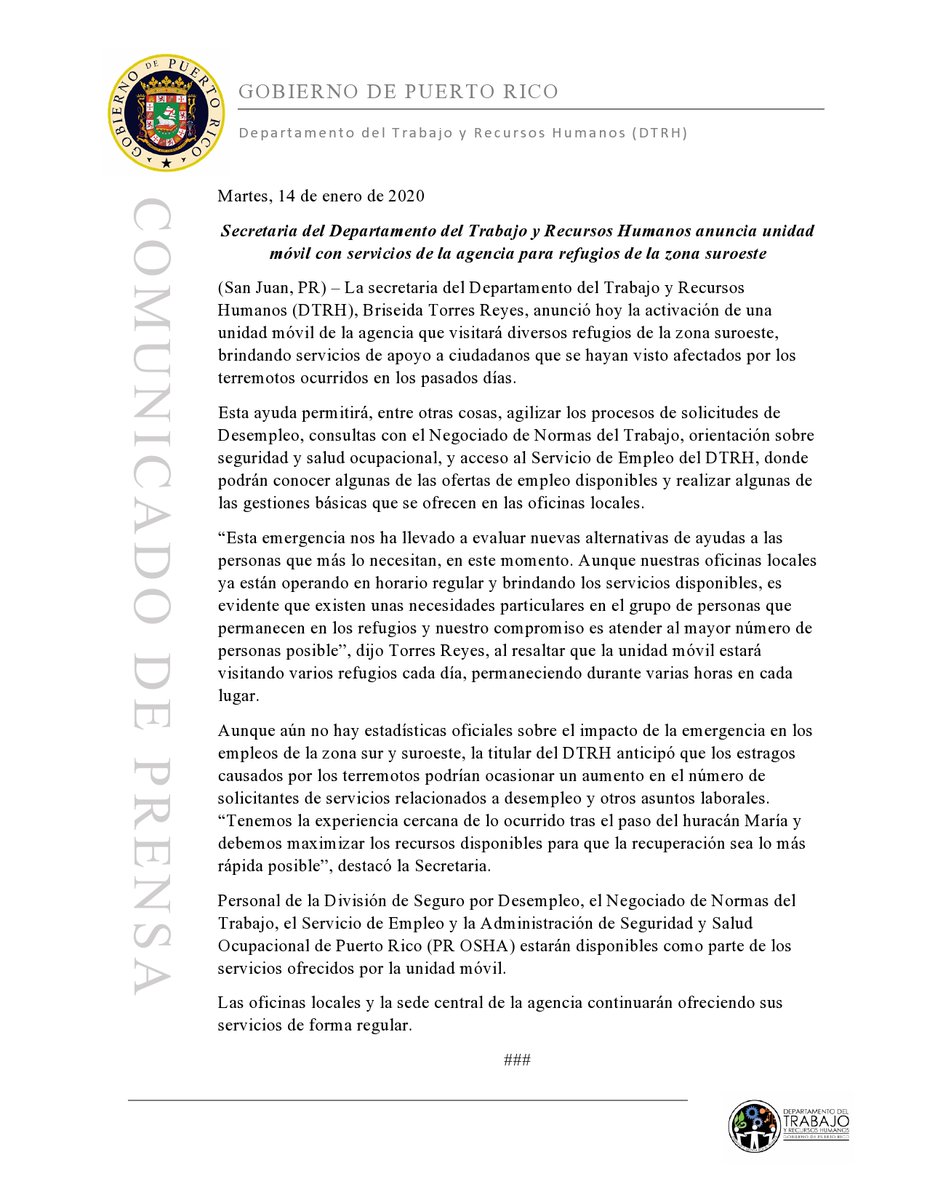 DTRHPR's tweet photo. [COMUNICADO] Secretaria del @DTRHPR  anuncia unidad móvil con servicios de la agencia para refugios de la zona suroeste @BriseidaDTRH https://t.co/5eIjvLnDzl