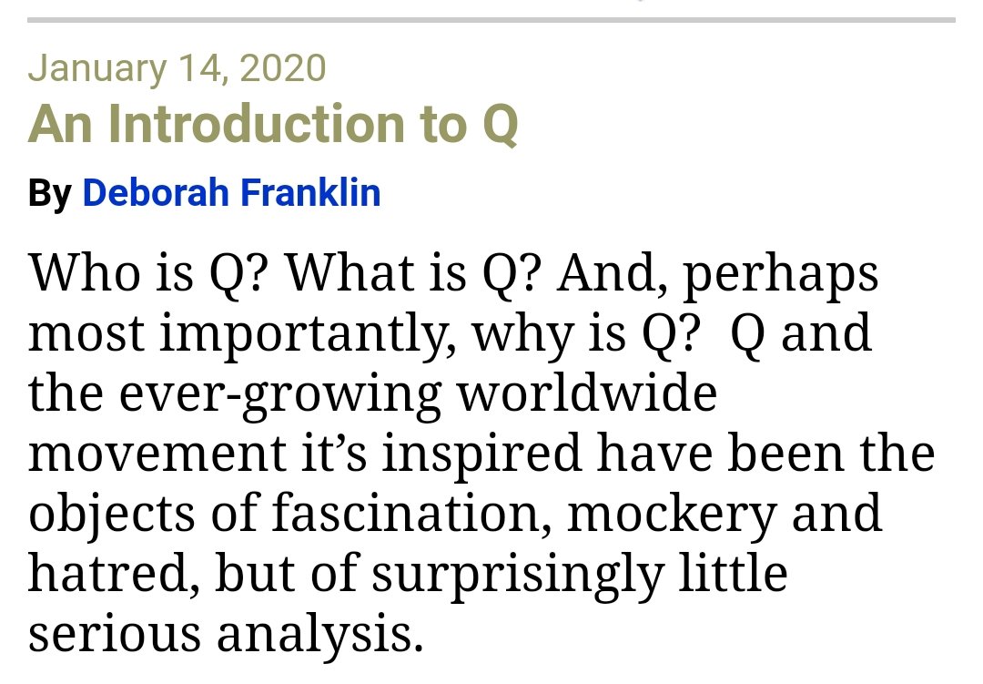 Mainstream conservative blog American Thinker posted a long, pseudonymous piece explaining the basics of QAnon. It presents the more vanilla, military intelligence puzzle version and leaves out the baby eating and mass executions. And it's all accepted with no skepticism. https://t.co/h7N7Yo1Oqa