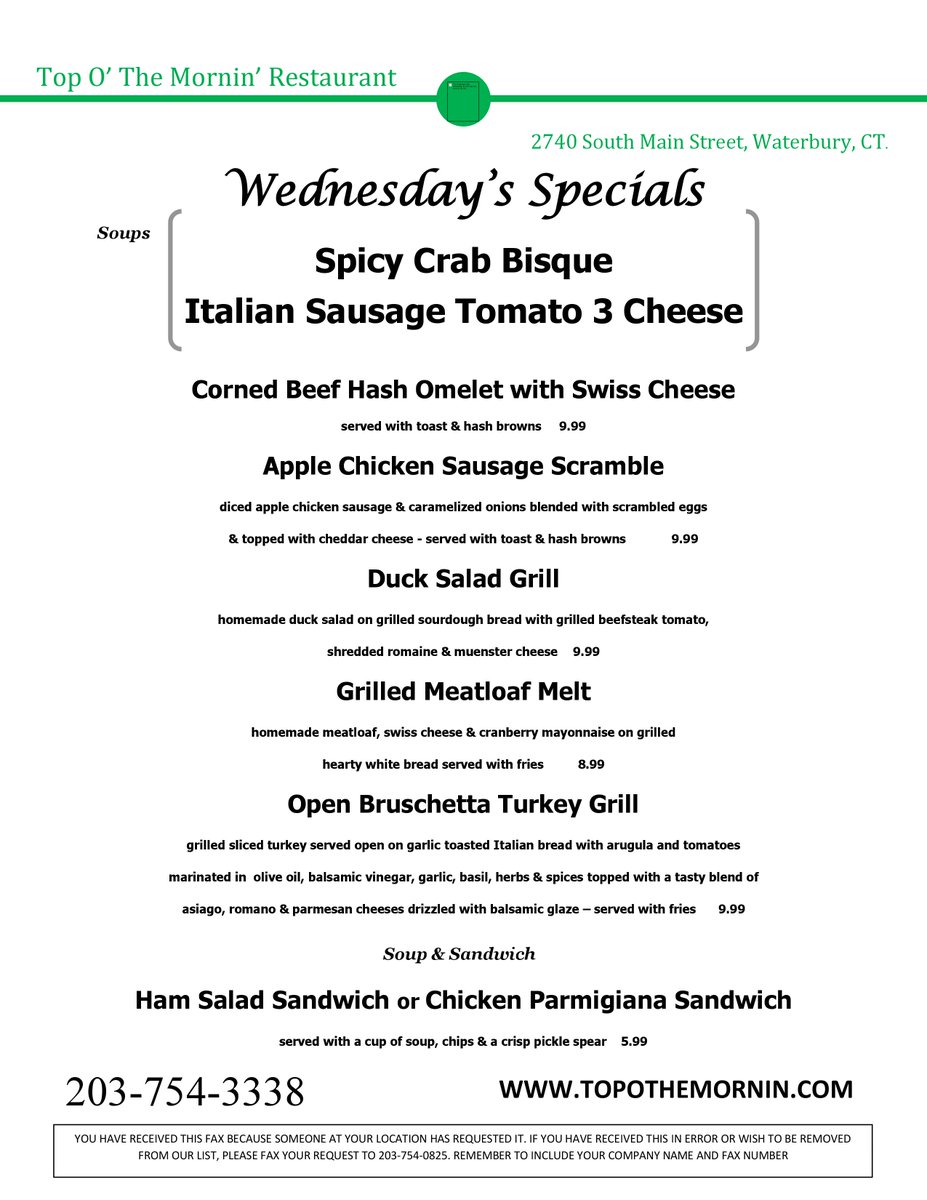 Top_O_theMornin's tweet photo. Take back your lunch break with our Wednesday Specials🍀
.
.
.
#TopOTheMornin #WaterburyCT #CTEats #CTLunch https://t.co/nDa3LI84M5