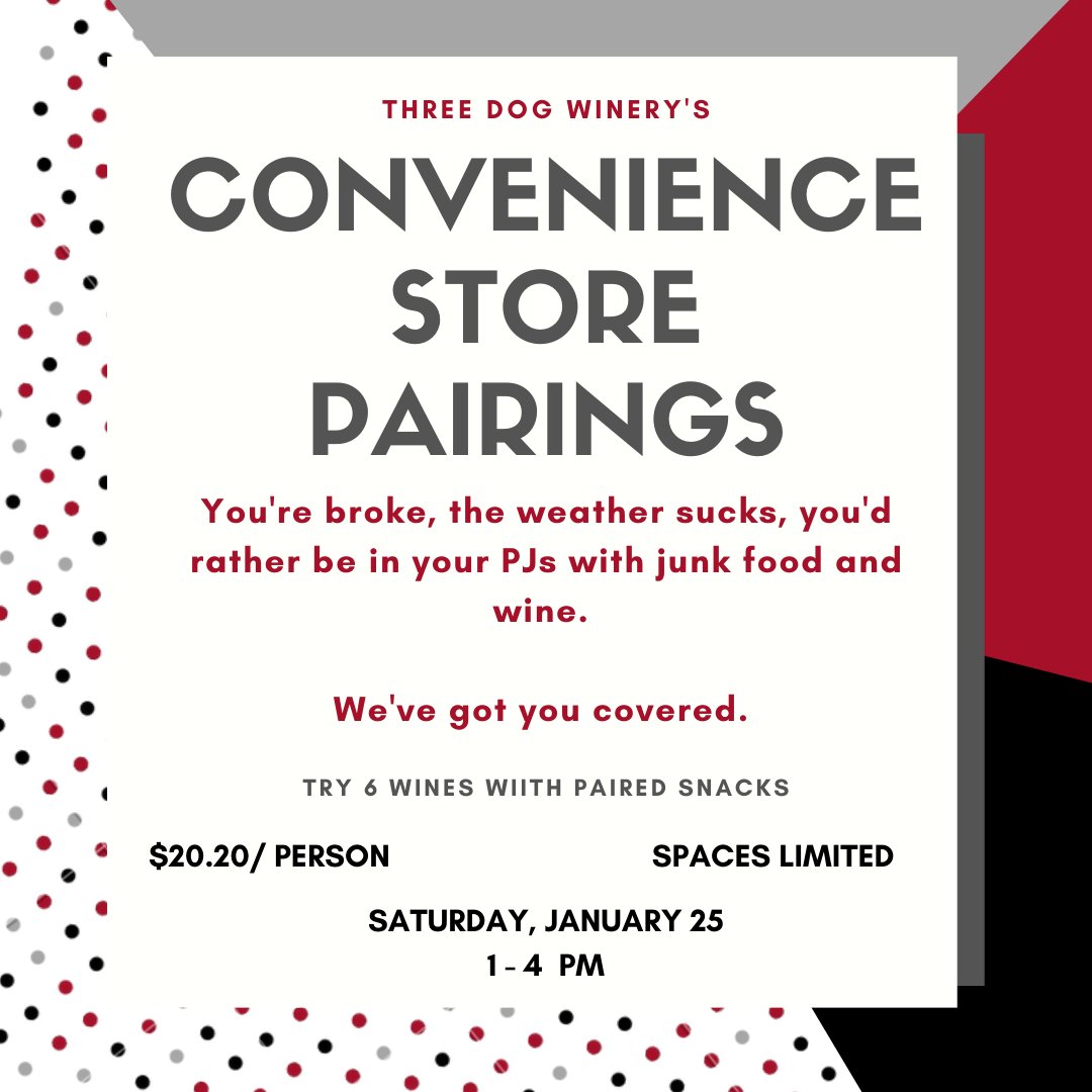 Get cozy with us at our upcoming pairing event! Tickets on our new website! 

threedogwine.com/event-info/con…

#pecwine #winepairing #cozy #winecountry