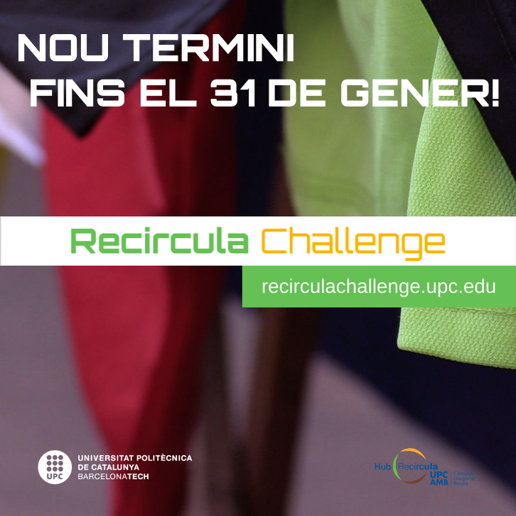 EEBE_UPC's tweet photo. 🔊NOU TERMINI FINS EL 31 DE GENER! Apunta't al Recircula Challenge 2020! Al voltant de la transformació de Residus tèxtils sintètics en l'àmbit esportiu. Aprendre, divertir-se, treballar (molt!) i guanyar fins a 3.000€! T'ho perdràs? #RecirculaChallenge @EEBE_UPC @la_UPC https://t.co/QmmLw3otlr