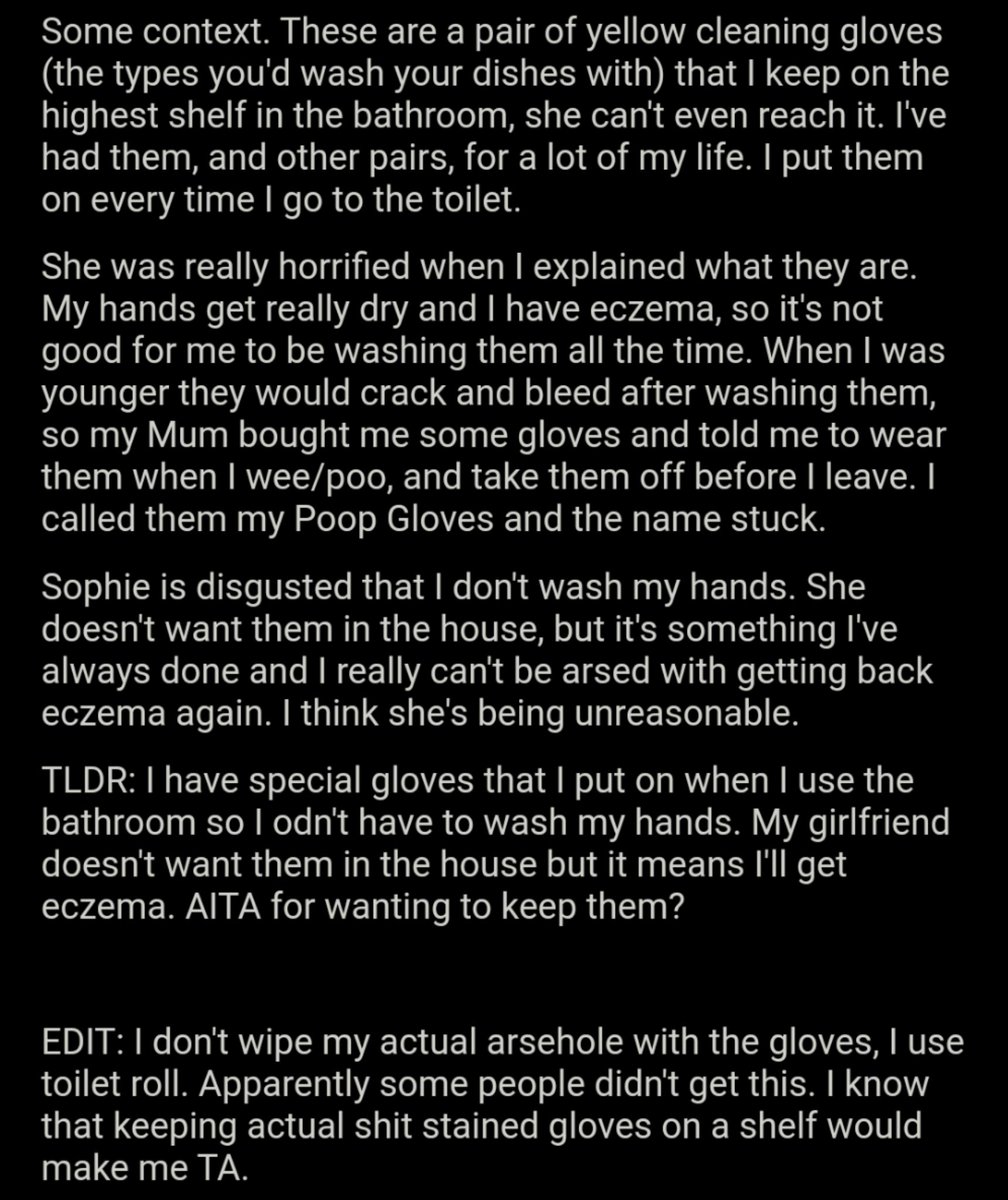 AITA_online's tweet photo. AITA for bringing my poop gloves when I moved in with my girlfriend and wanting to keep them? https://t.co/pWfFSt97mc https://t.co/ggUTu0t00g