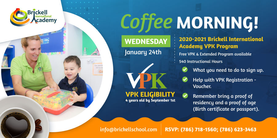 brickellschool's tweet photo. We are inviting you on Friday, January 24th, to our coffee morning about BIA VPK program; we will explain how it works and what you need to do to sign up (get the voucher).👩‍👧‍👦#vpkprogram #vpkprogramflorida 👉https://t.co/tlFo6jxCQp https://t.co/GDgzgfxewI