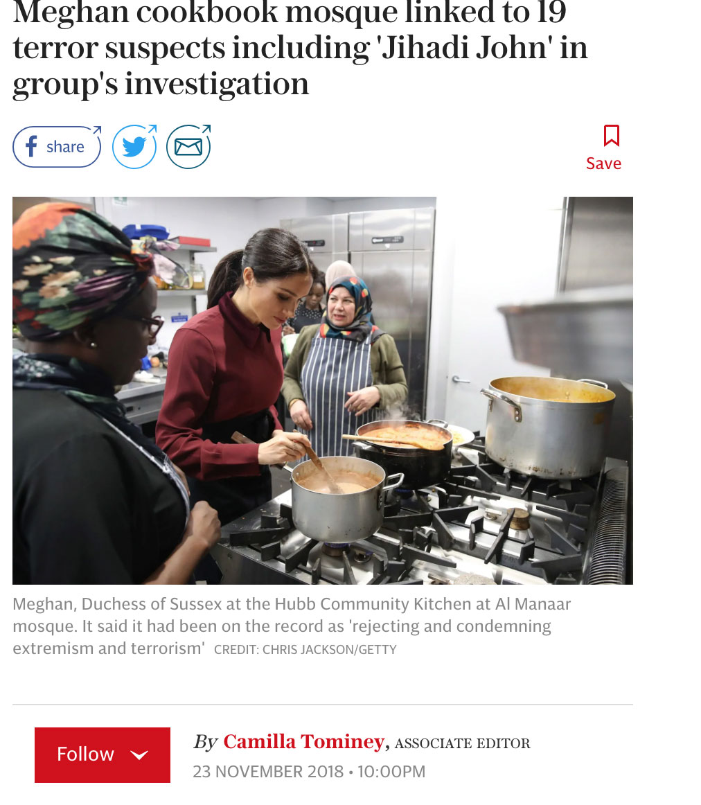 Exhibit 18:  #TerrorGate Meghan puts together a charity cookbook for the people who survived the Grenfell Tower fire. Camilla Tominey in the Telegraph, David Vance, and, of course, the Daily Mail, can't praise this. They insinuate she's linked to Islamic terrorists. Really?