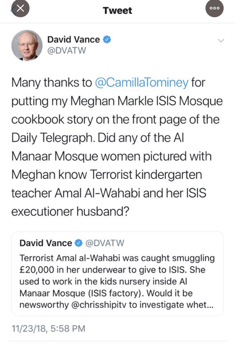 Exhibit 18:  #TerrorGate Meghan puts together a charity cookbook for the people who survived the Grenfell Tower fire. Camilla Tominey in the Telegraph, David Vance, and, of course, the Daily Mail, can't praise this. They insinuate she's linked to Islamic terrorists. Really?