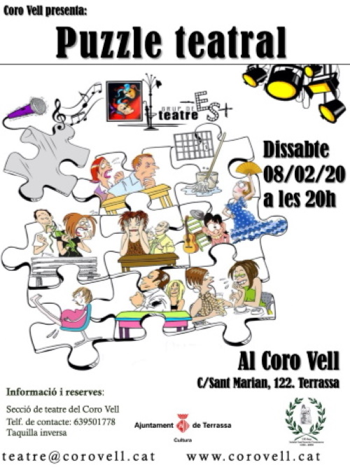 El proper dia 8 de febrer 2020 a les 8 del vespre tindrà lloc a les nostres instal.lacions del Carrer Sant Marian, 120 de TERRASSA la interpretació de l'obra teatral "Puzzle Teatral". Esperem la vostra presència