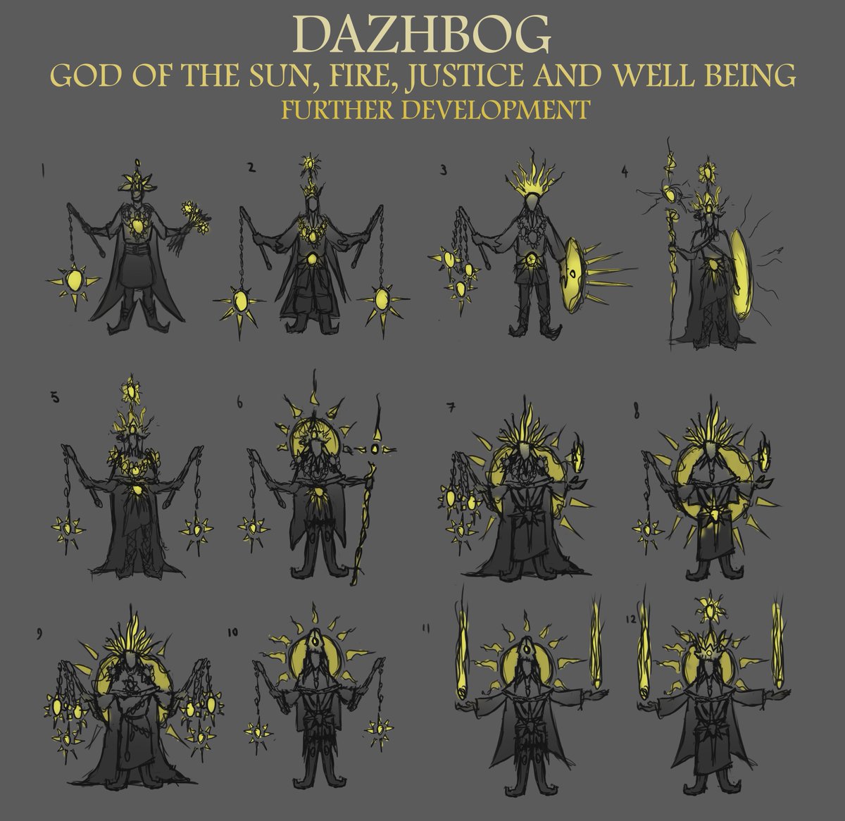 ReneKovacArt's tweet photo. Further Development on the god Dazhbog. Narrowing the design down a bit now. Going to be moving onto more refined design sketches soon! Let me know which is your favourite sunny design :)
#art #characterdesign #characterconceptart #conceptart #gamedev #slavicgod #fantasyart https://t.co/PSBh48icLS