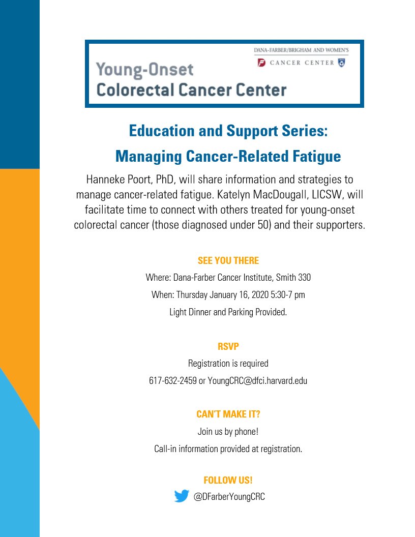 This Thursday, January 16th, we will be hosting a Education and Support Event. Information and strategies to manage cancer-related fatigue will be shared. Register now to join us! #YoungOnset #Workshop <a href="/DanaFarber/">Dana-Farber</a>
