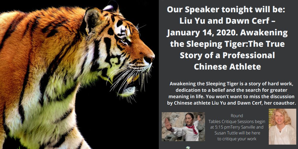 SLONightWriter's tweet image. Our Speaker tonight will be: Liu Yu and Dawn Cerf – January 14, 2020. 6:00PM

Awakening the Sleeping Tiger:
The True Story of a Professional Chinese Athlete
Awakening the Sleeping Tiger is a story of hard work, dedication to a belief and the search for greater meaning in life.